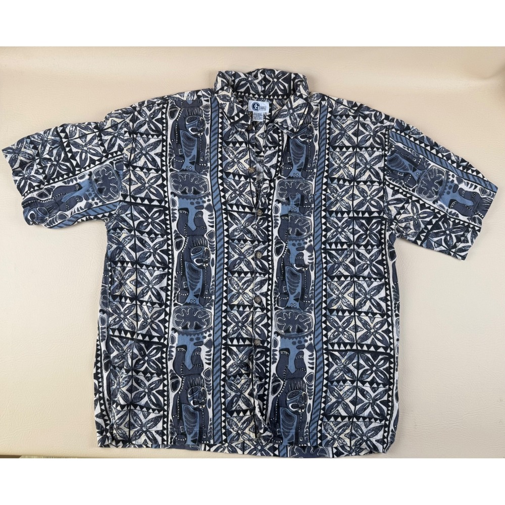 Tribal Tiki Hawaiian Shirt Cotton Rayon Blend Geometric XL Arizona Jean Co